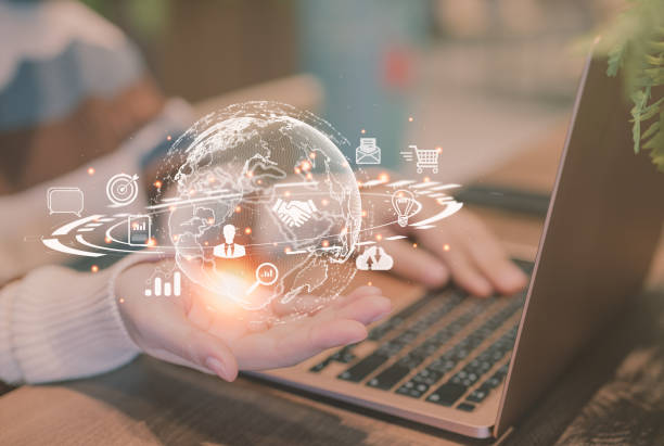 istock Woman hand holding virtual Global Internet connection metaverse. Business global internet connection application technology and digital marketing, Financial and banking, search for information online. 1433374591