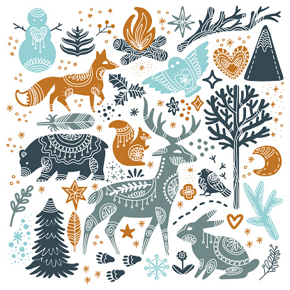Set of cute winter woodland animals deer, bear, fox, owl woods and snowflakes on white background. Scandinavian Christmas illustration. For print, design, fabric, porcelain, linen, decor and stickers.