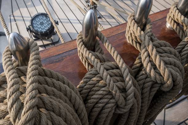Sailboat sail ropes. Naval ropes. Selective focus.