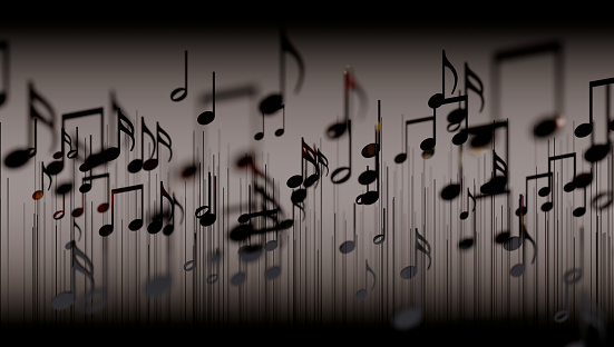3d illustration of musical notes and musical signs of abstract music sheet. Songs and melody concept.