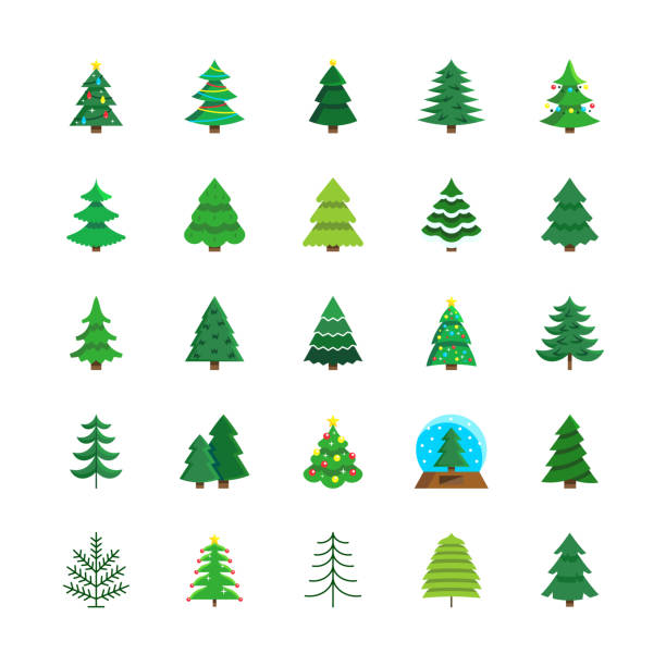 ilustraciones, imágenes clip art, dibujos animados e iconos de stock de iconos planos de color del árbol de navidad. - arbol navidad