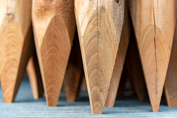 estacas de madera afiladas almacenadas - the end wood timber construction fotografías e imágenes de stock