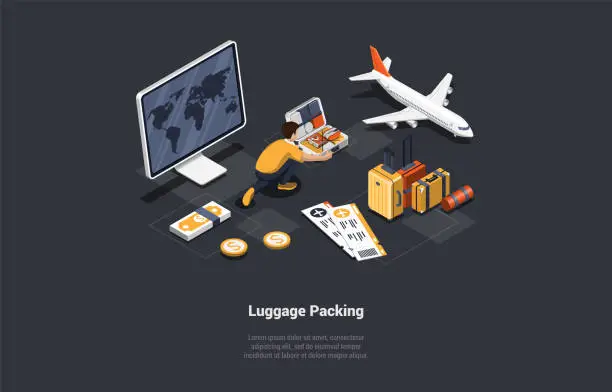Vector illustration of Luggage Pack Concept. Man Packing Suitcase To Go On Or Trip. Boy Packing Clothes, And Other Personal Items Before Flight, Travel Accessories For Adventure Holidays. Isometric 3D Vector Illustration
