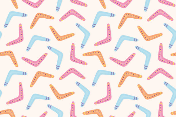 ilustraciones, imágenes clip art, dibujos animados e iconos de stock de patrón sin costuras coloridos boomerangs, ideal para envolver, textil, papel tapiz, tarjeta de felicitación - aborigine australian culture boomerang isolated