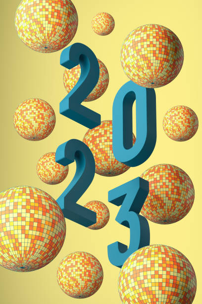 Pastel blue numbers 2023 and disco balls floating in air on the yellow bacground. Retro greeting card. Happy New Year 2023 Background. 3D retro Illustration, isometric style, hero view. stock photo
