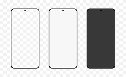 Frontal android mockup similar to galaxy s template with transparent, white and black screen. Minimal new phone vector mock up.