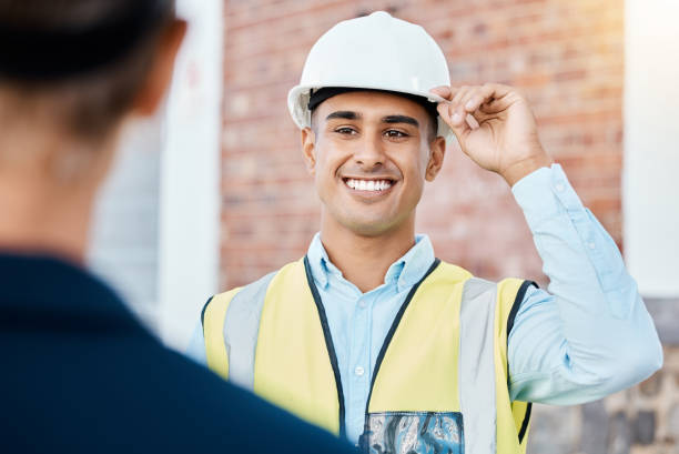 istock Building, construction and architecture worker with a happy smile ready to start work. Maintenance contractor, builder logistics and building construction worker feeling motivation for a job project 1433389461