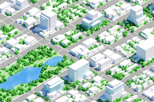 City planning for sustainable lifestyle: project of city downtown district with green areas, urban parks, water resources and lakes. Three dimensional architectural model with isometric view showing office and residential buildings surrounded by trees and green areas. Digitally generated image.