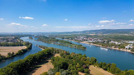 Aerial view over Rhine river - Eltville, Heidesheim