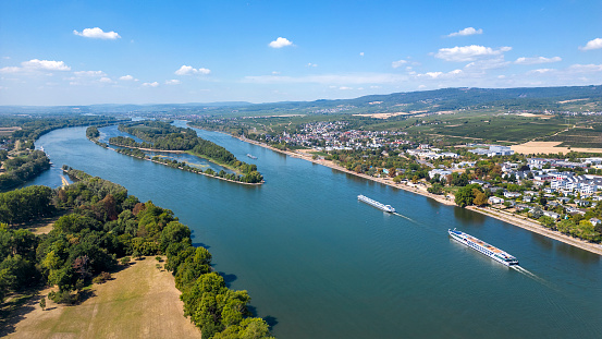 Aerial view over Rhine river - Eltville, Heidesheim