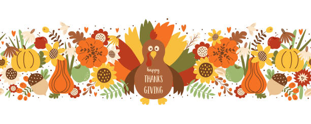 thanksgiving-tag horizontale nahtlose grenze mit truthahn, erntekürbis, herbstblätter sonnenblume herbst blumig endlose banner vektor illustration. happy thanksgiving tag dekorative wiederholte umrandung - thanksgiving symbol turkey apple stock-grafiken, -clipart, -cartoons und -symbole