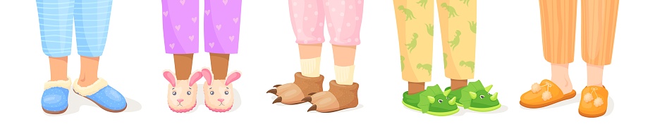 Legs in slippers. Kid feet wearing cartoon animal slipper, pajama party cloth, fluffy comfort home footwear house bedroom pair shoes sleep style clothes, neat vector illustration, Home foot shoes set