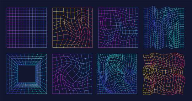 verzogenes retro-gitter. nft cyber gravity grids, warp tunnel retrowave 80s farben neon prisma vaporwave cyberpunk 90s techno muster glitch computer hintergrund grell vektor illustration - gitter stock-grafiken, -clipart, -cartoons und -symbole