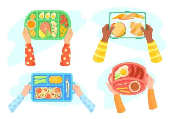 Vector illustration of Hands with school lunch. Child hand holding tray with healthy food in kindergarten canteen, nutrition program for kids students, children fresh meal plate, neat vector illustration