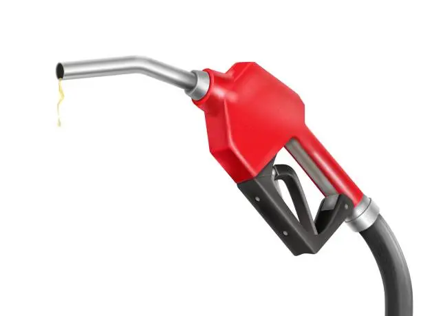 Vector illustration of Fuel gun. Petrolic nozzle 3d gas pump filling dispenser of gasoline refuel station, petrol pistol with handle hose nafta diesel oil