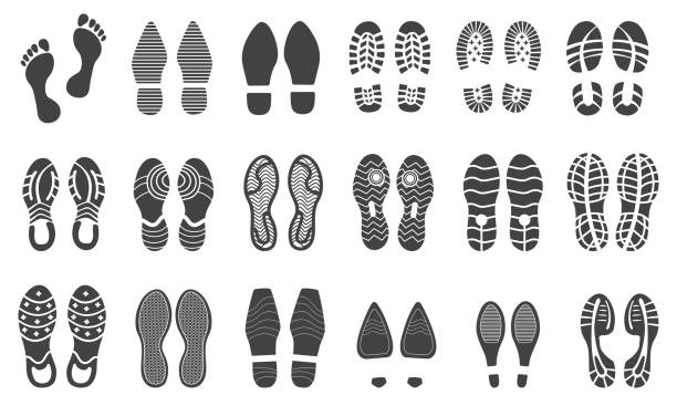 Shoe traces. Foot prints man boot sole, feet identity footprints sneaker or barefoot feet step mark shoeprint stamp in mud footmark track shoes with heels, neat vector illustration Shoe traces. Foot prints man boot sole, identity footprints sneaker or barefoot feet step mark shoeprint stamp in mud footmark track shoes with heels, vector illustration of identity boot silhouette shoe print stock illustrations