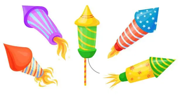 Vector illustration of Cartoon fireworks rockets. Firework rocket christmas party pyrotechnics concept, explosion firecracker for 4th july festival petard with fuse xmas squib, neat vector illustration