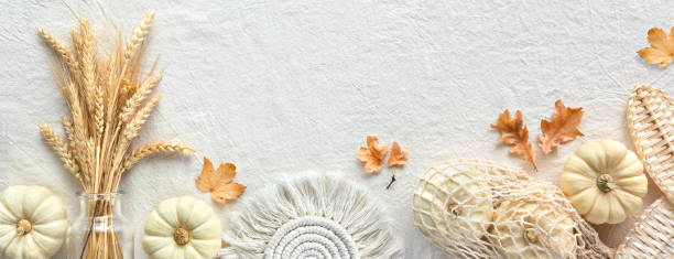 istock Autumn banner, textile and straw decor. Off white textile panoramic background. Panorama with white pumpkins in net bag, dry leaves, macrame pads, straw fans, wheat ears. 1433392476