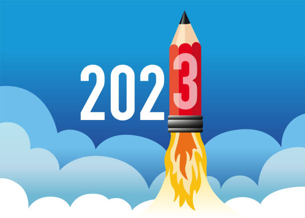 Concept of a greeting card for the year 2023, showing a rocket-shaped pencil. vector art illustration