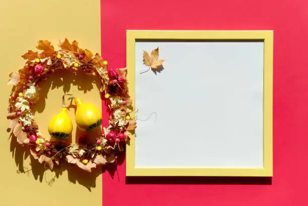 Autumn mockup with copy-space in square frame. Dried floral wreath with dry Autumn leaves and berries on red and yellow paper background. Decorative pumpkins, gourds. Direct sunlight with shadows.