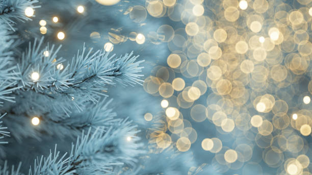 istock Festive background with snowy christmas tree and bright glittering bokeh lights, a magical happy atmosphere, golden garland, blurred snowflakes, happy new year. 3d rendering 1433397325