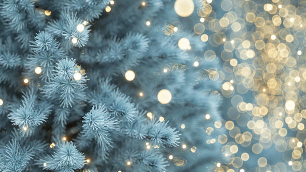 istock Festive background with snowy christmas tree and bright glittering bokeh lights, a magical happy atmosphere, golden garland, blurred snowflakes, happy new year. 3d rendering 1433397326