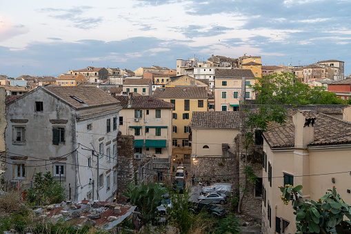 Vinci, Leonardo birthplace, village skyline vineyards and olive trees at sunset. Florence, Tuscany Italy Europe.