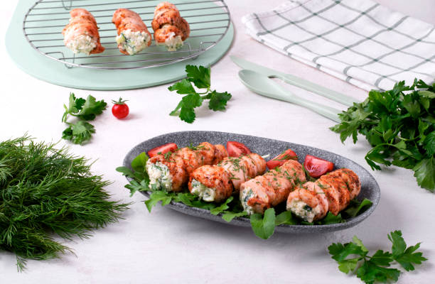 istock Chicken rolls stuffed with lettuce, egg, cheese, cucumber and sour cream 1433398563