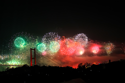 Fireworks display on the Bosphorus, on the Bosphorus Bridge, due to the 29 October Republic Day celebrations