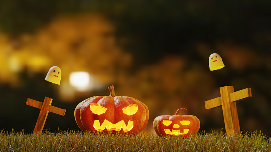 Halloween pumpkins jack with ghosts on dark night background, 3d rendering