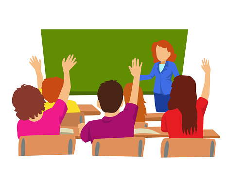 kids raising their hands in class