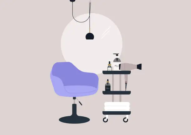 Vector illustration of Hair salon, an adjustable chair and a hairstylist trolley with cosmetics and appliances