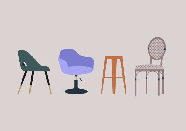 kolekcja krzeseł, różne style i kolory, meble ogrodowe i wewnętrzne - bar stools obrazy stock illustrations