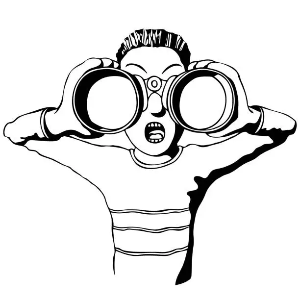 Vector illustration of Amazed child looks with binoculars, vector illustration drawing.