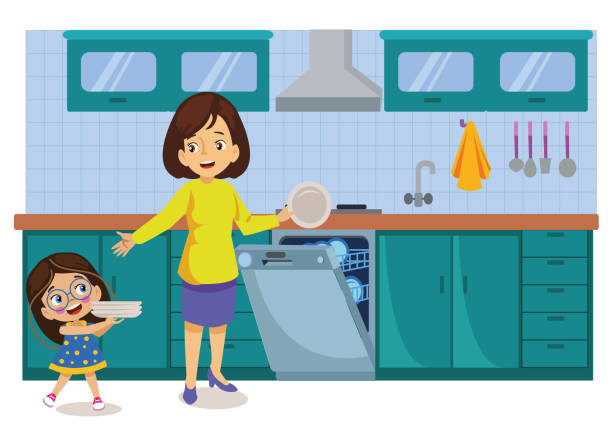 ilustrações, clipart, desenhos animados e ícones de menina lava-louças ajudando sua mãe com os pratos. - stereotypical housewife little girls family domestic kitchen
