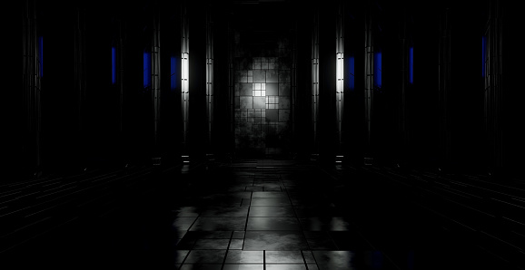 orridor or walkway in Abandoned with scary woman inside, darkness horror and halloween background concept