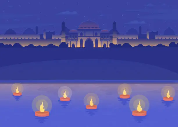 Vector illustration of Diwali diyas floating in Ganges river flat color vector illustration