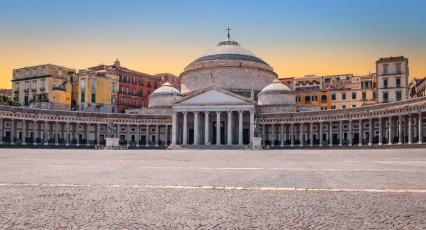 Piazza del Plebiscito, public square with church, Naples, Italy. San Francesco di Paola church located at large public square Piazza del Plebiscito in Naples, Italy, Europe. No people. Beautiful colorful sky. piazza plebiscito stock pictures, royalty-free photos & images