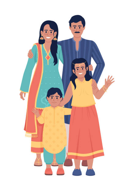 Family wearing indian ethnic outfits semi flat color vector characters Family wearing indian ethnic outfits semi flat color vector characters. Editable figures. Full body people on white. Simple cartoon style illustration for web graphic design and animation Kurta stock illustrations