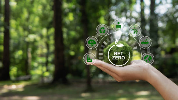 istock Net zero and carbon neutral concept. Net zero greenhouse gas emissions target. Climate neutral long term strategy on a green background. 1433402586
