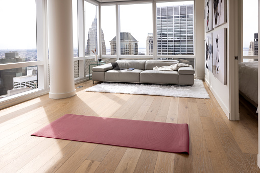 A view of a bright apartment in Manhattan with a yoga mat