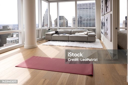 istock Empty living room in a modern apartment with a yoga mat 1433403011