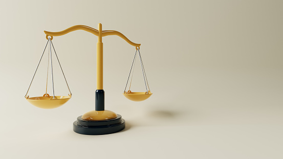 Golden justice scales, law equality, measure symbol with copy space, 3d render