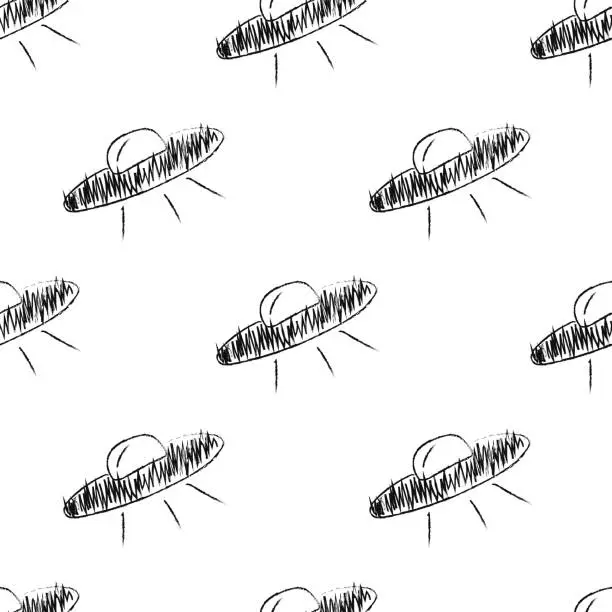Vector illustration of Doodle space seamless pattern in childish style. Hand drawn abstract ufo. Black and white.