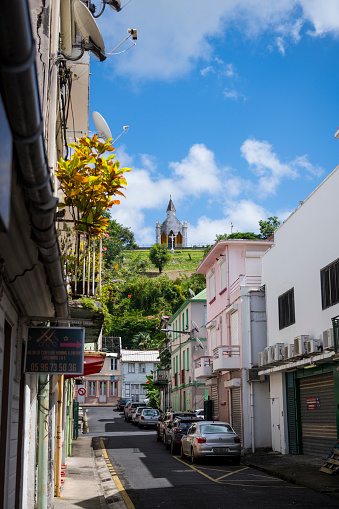 Fort-de-France, Martinique - October 8, 2022: View from a street of Calvary Chapel (Chapelle du Calvaire) on a hill in Fort-de-France.