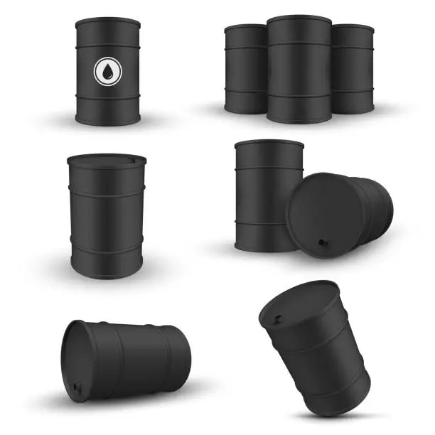 Vector illustration of Black oil barrels set realistic vector illustration. Metallic container for gasoline chemical diesel