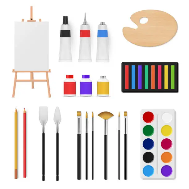 Vector illustration of Artists equipment drawing and painting tools set realistic vector illustration. Art hobby instrument