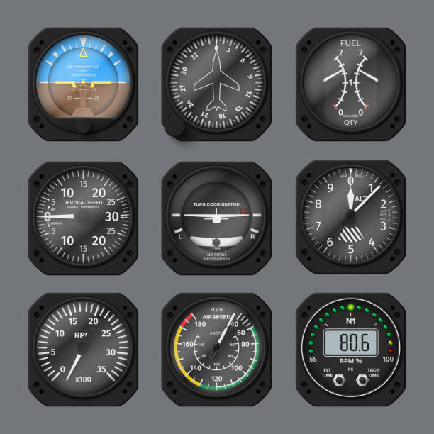 항공기 표시기 제어판은 사실적인 벡터 일러스트레이션을 설정합니다. 전자 디스플레이 정보 - altitude dial stock illustrations