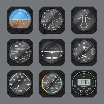 Aircraft indicators control panel set realistic vector illustration. Electronic display information interface navigation dashboard jet monitor technology speed altitude autopilot turn coordination