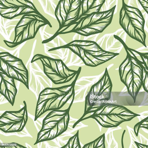 Matcha Leaves Pattern Matcha Green Tea Leaves Floral Pattern Food Seamless Background Outline ...